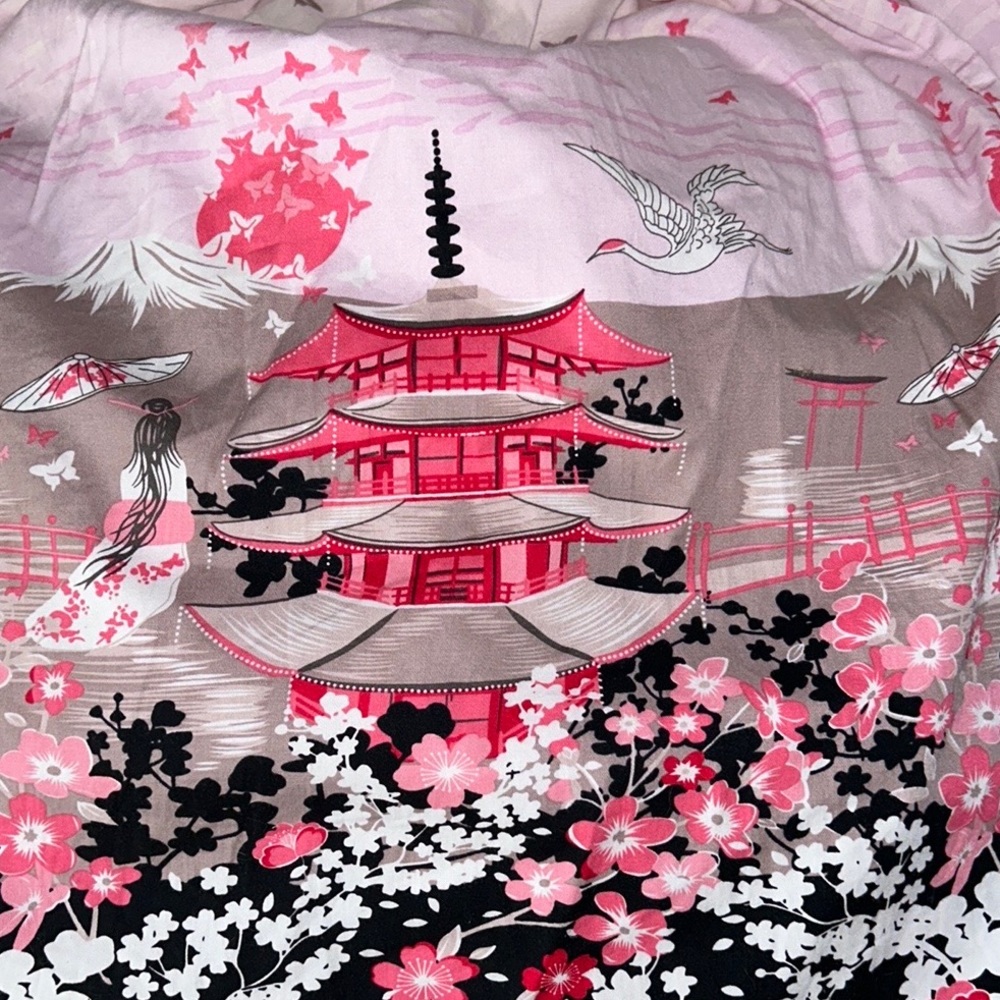 Pink Chinoiserie Pagoda Floral Blush Pink Pleated Flared Midi Skirt - XS - Picture 10 of 12